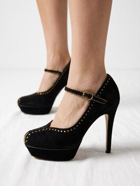 Yves Saint Laurent Black Suede Gold Trim Mary Jane Platform Pumps - US 6 (36.5)